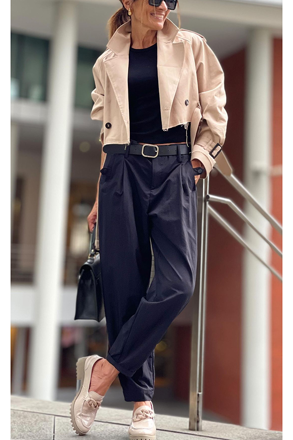 Work Style Lapel Long Sleeve Jacket and Button Belt Pocketed Slit Midi Skirt Set | Consonak