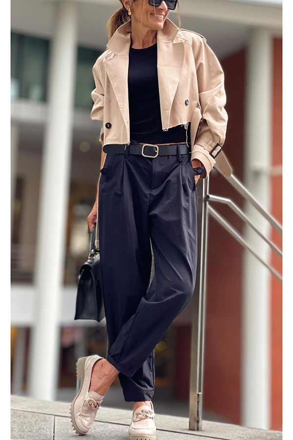 Work Style Lapel Long Sleeve Jacket and Button Belt Pocketed Slit Midi Skirt Set-consonak