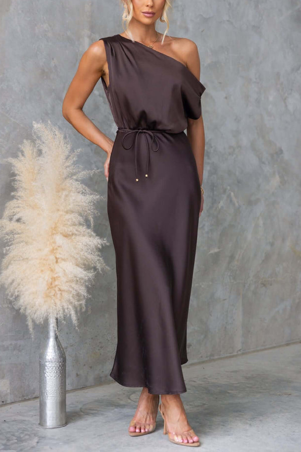Solid Color One-shoulder Sleeveless Belted Casual Maxi Dress-consonak