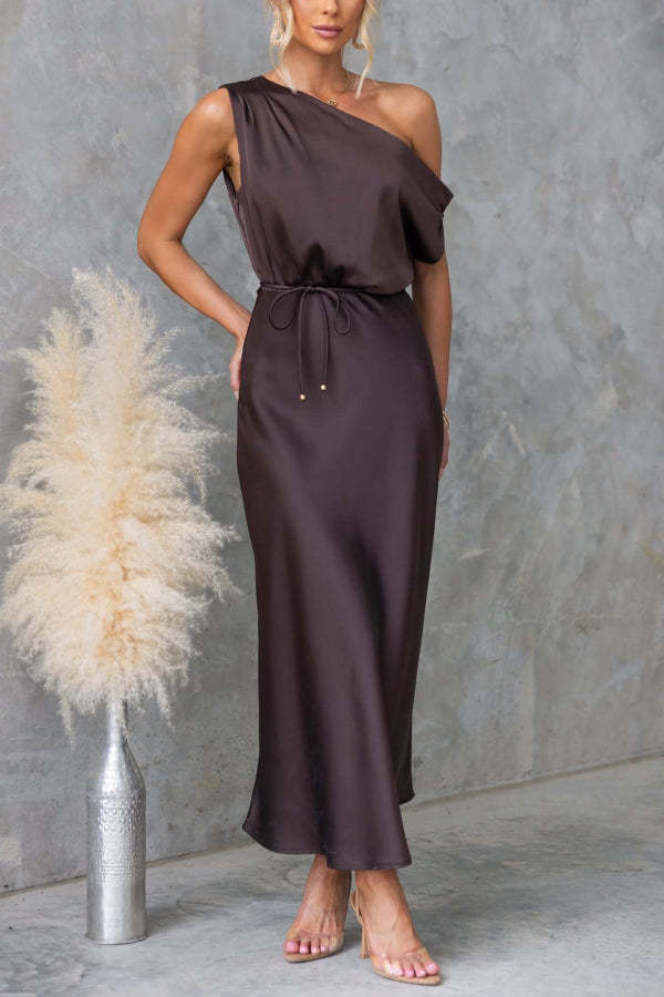 Solid Color One-shoulder Sleeveless Belted Casual Maxi Dress
