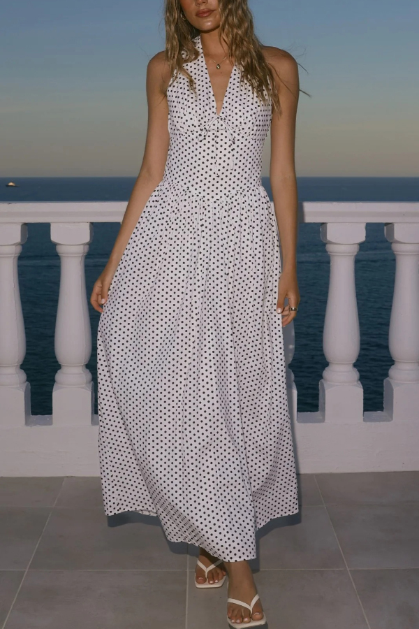Polka Dot Print Halter Neck Fitted Waist Holiday Maxi Dress-consonak