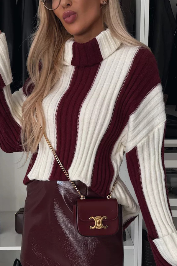 Comfort and Warmth Knit Color Block Long Sleeve Turtleneck Sweater-consonak