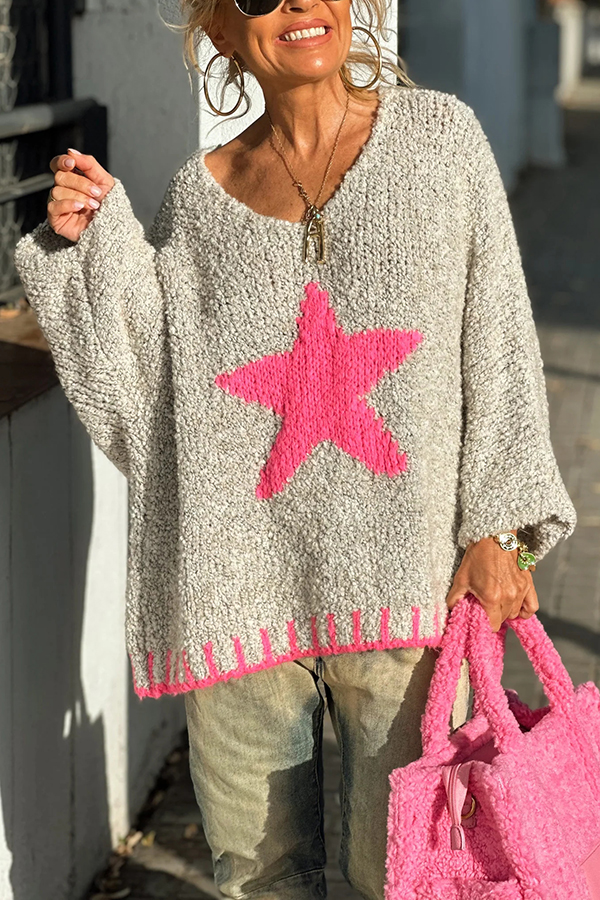 Warm Winter Day Texture Knit Star Pattern Contrast Color Loose Sweater-consonak