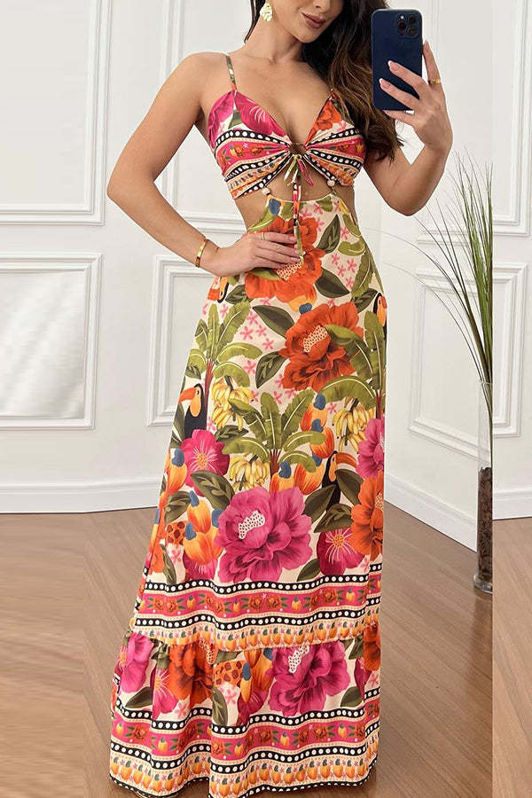 Mexico Style Tropical Print Ring Cutout Lace-up Vacation Maxi Dress-consonak