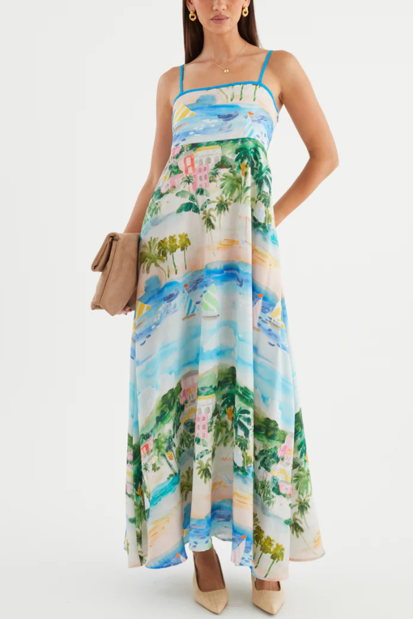 Unique Printed Loose Sleeveless Camisole Casual Vacation Maxi Dress-consonak