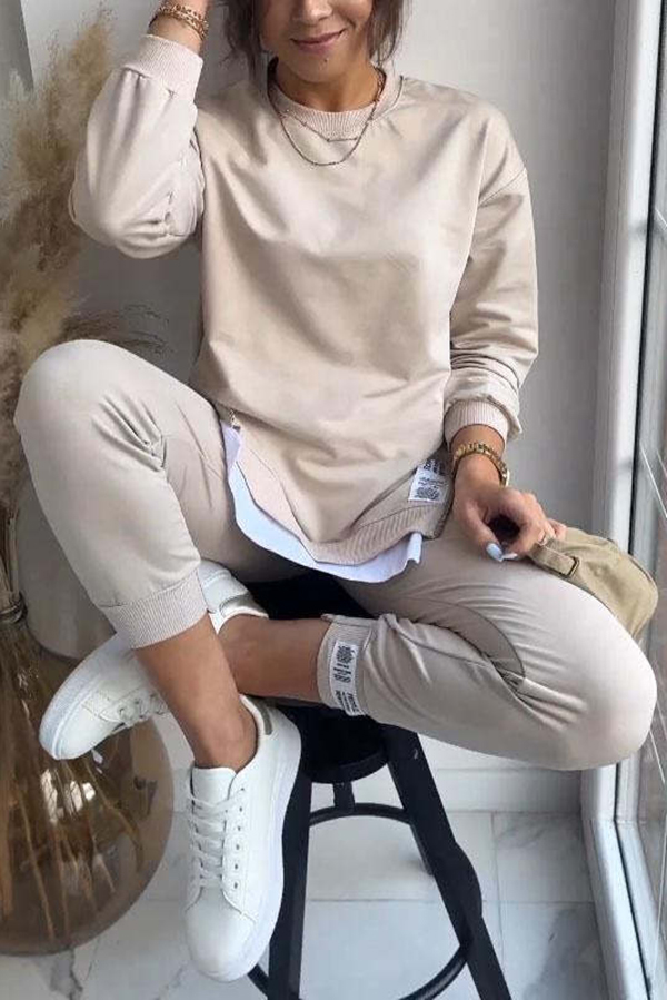 Solid Color Round Neck Long-sleeved Sweatshirt and Elastic Waist Pants Set | Consonak