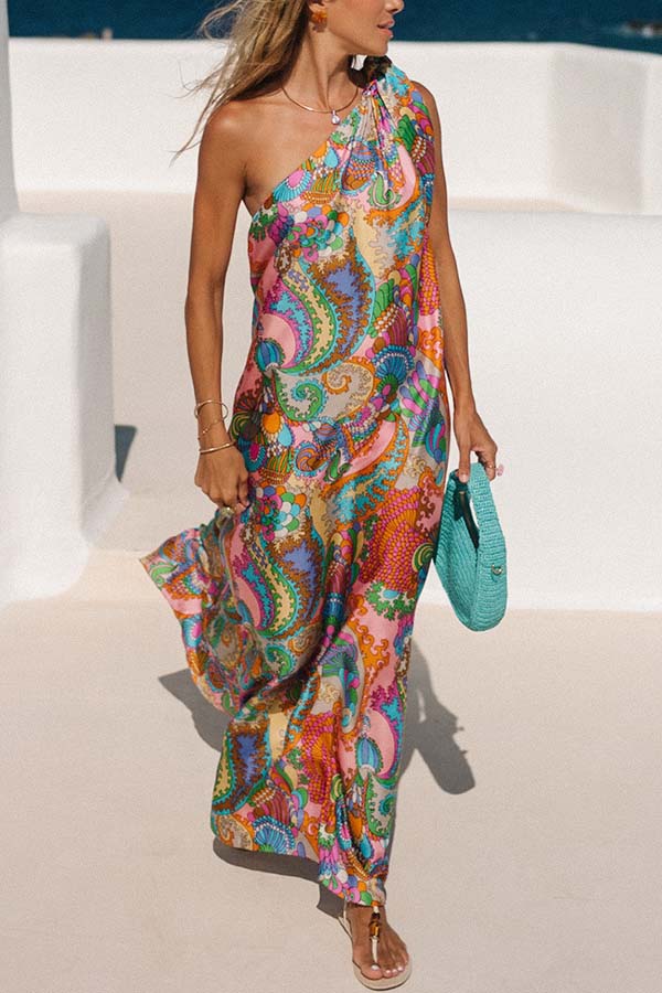 Rainbow Breeze Satin Unique Print Bow One Shoulder Loose Maxi Dress | Consonak