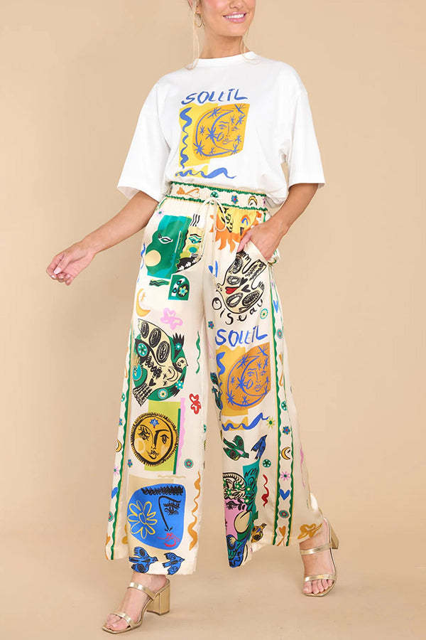 Meralda Unique Print Elastic Waist Pocketed Wide Leg Pants-consonak