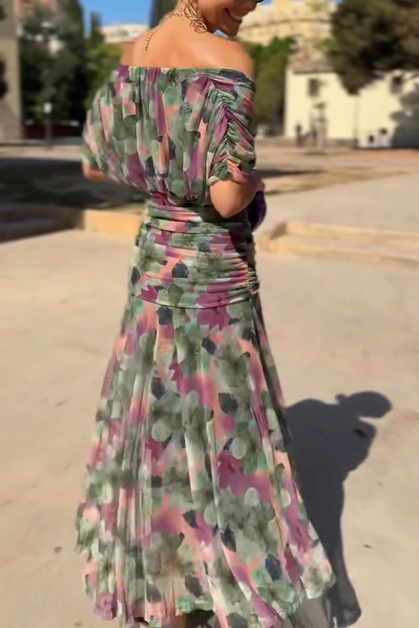 Unique Printed V-Neck Waisted Mesh Holiday Maxi Dress-consonak