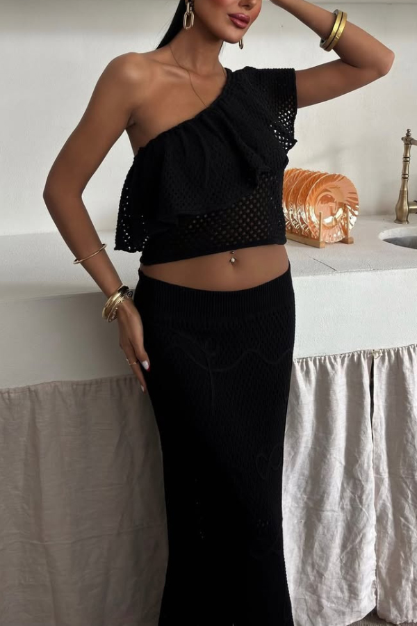 Solid Color One-shoulder Ruffled Openwork Top and Elastic Waist Holiday Knit Maxi Skirt Cover-up Set-consonak