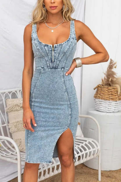 This Seasons Staple Denim Adjustable Straps Zip-up Firm Stretch Midi Dress-consonak