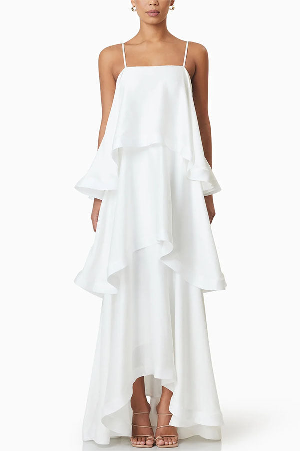Soft and Smooth Satin Tiered Slip Square Neck A-line Maxi Dress | Consonak