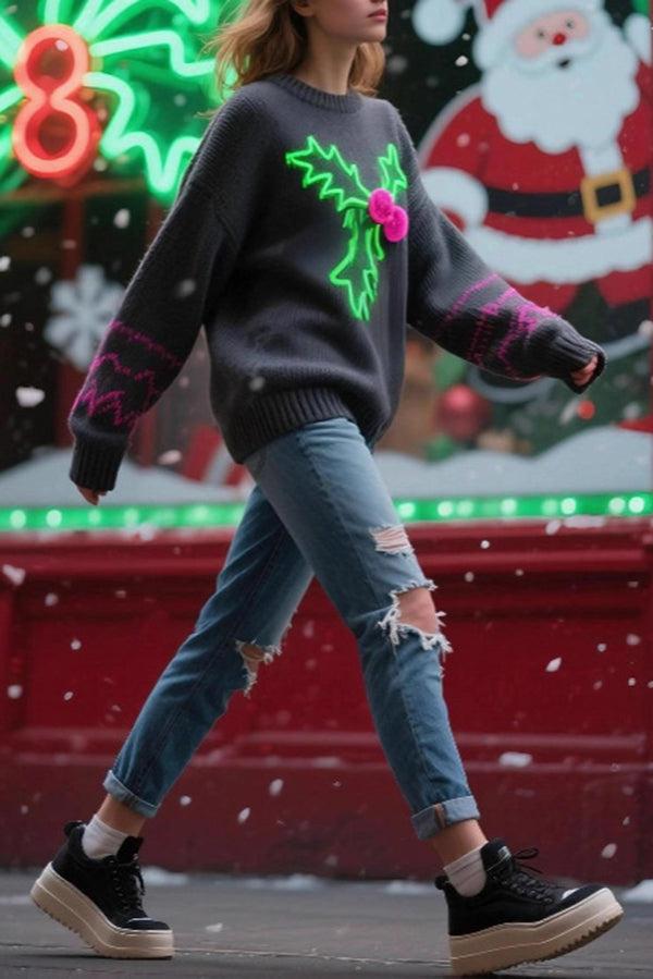 Christmas Holly Jacquard Loose Long-Sleeve Knit Sweater-consonak