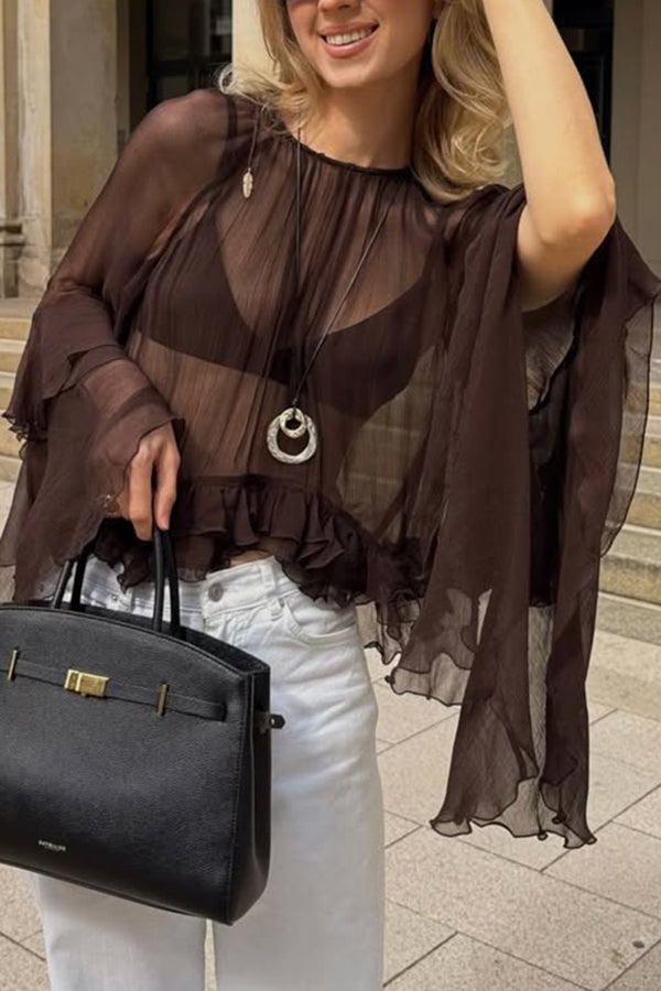 Solid Color Chiffon Elegant Bell Sleeve Loose Cover-up Top-consonak