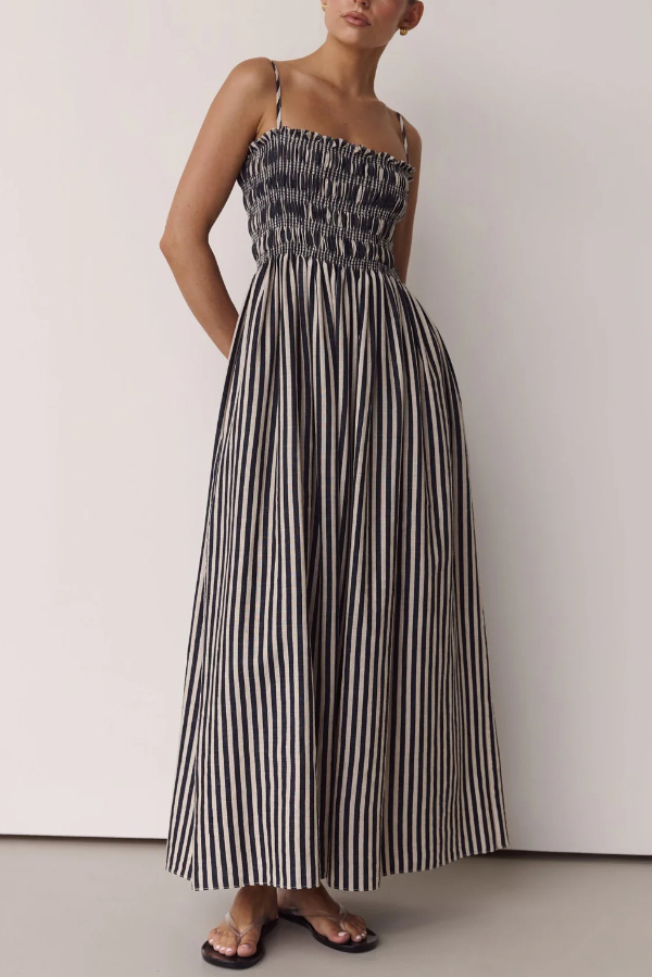 Striped Print Spaghetti Strap Pleated Pocket Casual Vacation Maxi Dress | Consonak