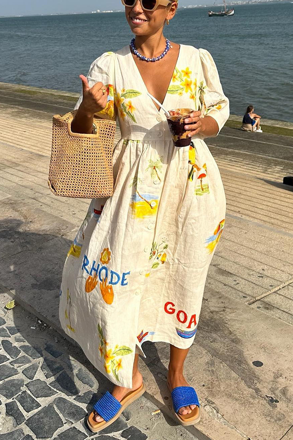 Cozy Summer Linen Blend Unique Print Button Puff Sleeve Loose Midi Dress | Consonak
