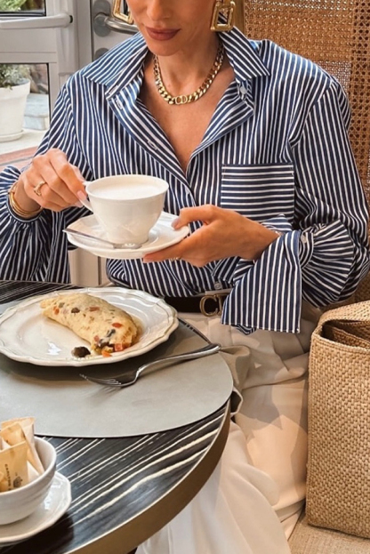 Striped Print Ruffled Long Sleeve Pockets Loose Shirt-consonak