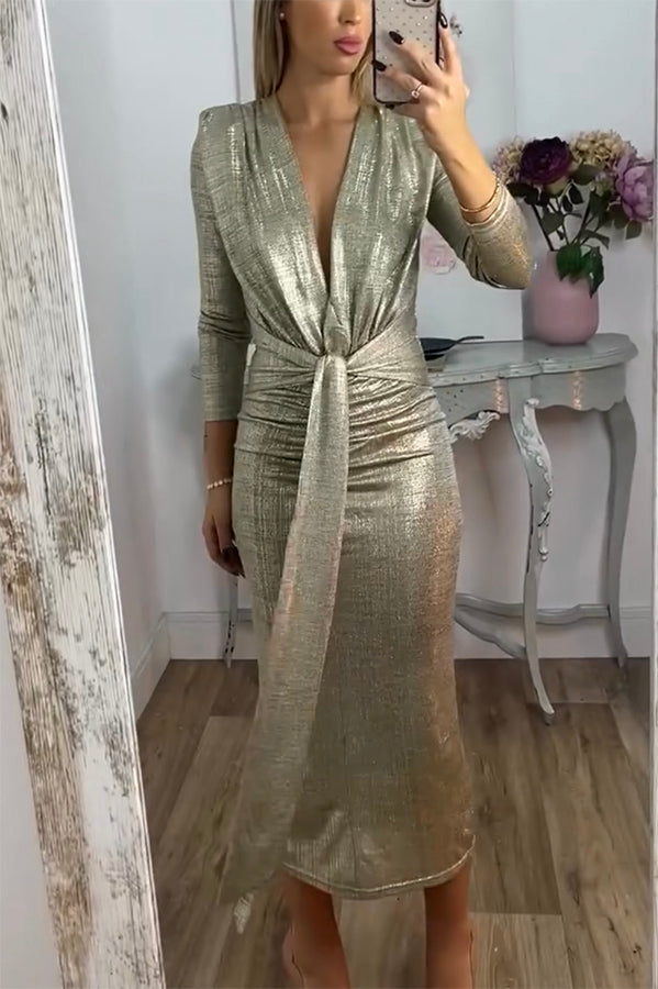 Shiny Lady Metallic Fabric Padded Long Sleeve Tie-up Ruched Midi Dress-consonak