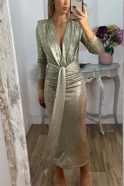 Shiny Lady Metallic Fabric Padded Long Sleeve Tie-up Ruched Midi Dress-consonak