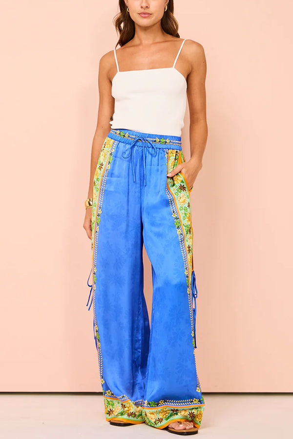 Nara Satin Unique Print Side Lace-up Tank and Elastic Waist Pocketed Wide Leg Pants Set-consonak