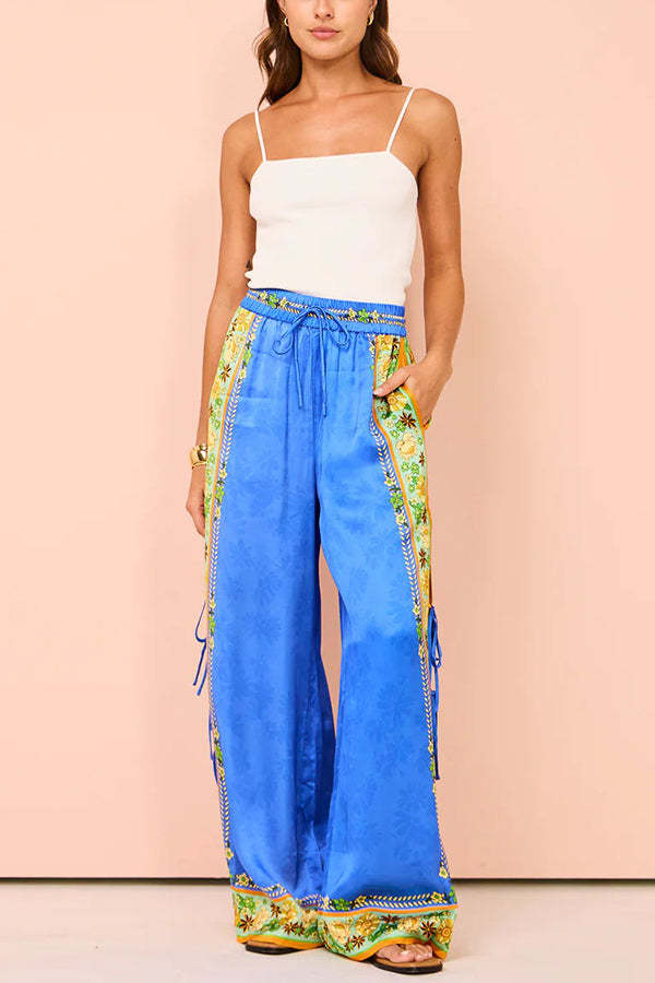 Nara Satin Unique Print Side Lace-up Tank and Elastic Waist Pocketed Wide Leg Pants Set-consonak