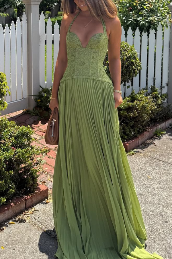 Elegant Lace Patchwork Halter Neck Tie Backless Pleated Maxi Dress-consonak