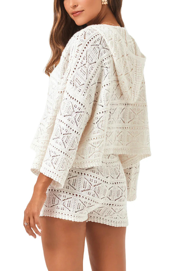 Solid Color Hooded Long-sleeved Loose Top and Stretch Openwork Shorts Knitted Cover-up Set-consonak