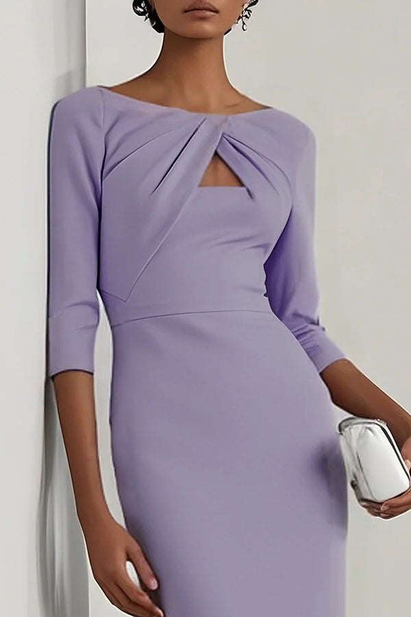 Solid Color Round Neck Hollowed-out Slim-fit Elegant Midi Dress-consonak