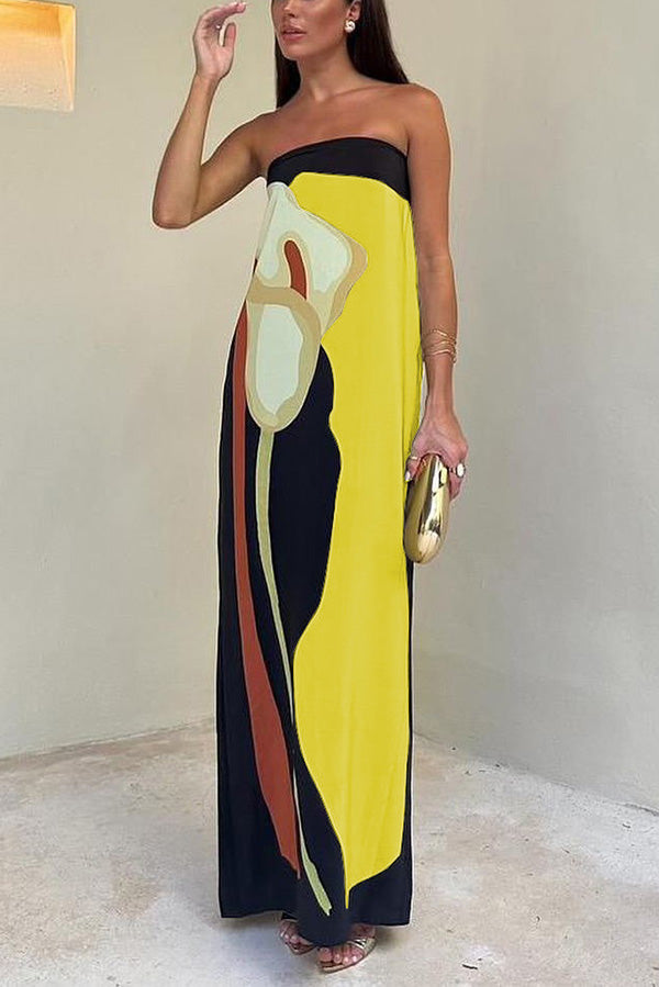 Jaime Abstract Floral Print Elasticated Off Shoulder Vacation Loose Maxi Dress | Consonak