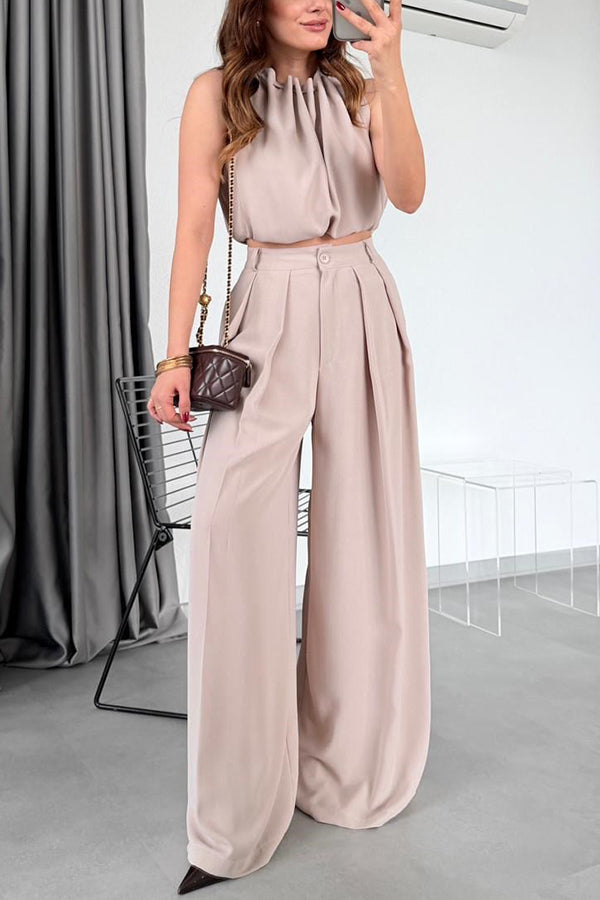 Macie Pleated High Neck Sleeveless Top and High Rise Pocket Wide Leg Pants Set