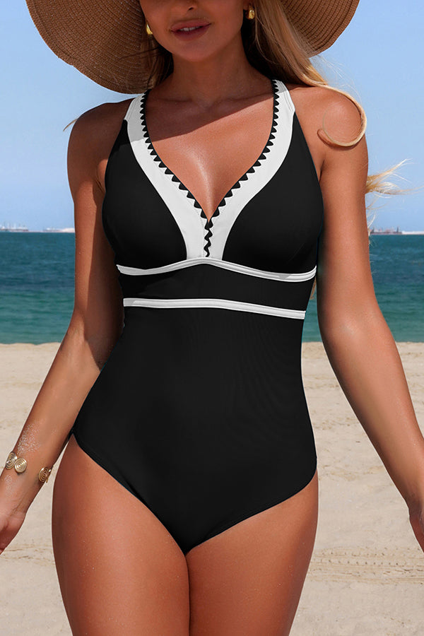 Stylish Color-blocked V-neck Stretch One-piece Swimsuit-consonak