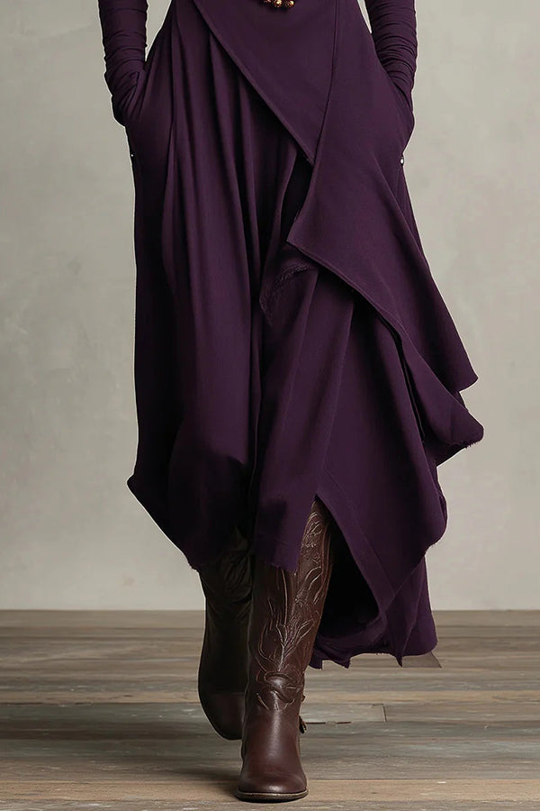 Solid Color High-neck Long-sleeved Irregular Casual Maxi Dress | Consonak