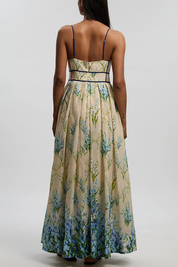 Shari Linen Blend Floral Print Colorblock Strappy Pocket Maxi Dress