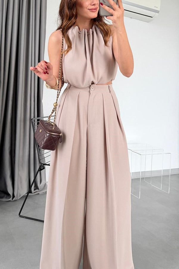Macie Pleated High Neck Sleeveless Top and High Rise Pocket Wide Leg Pants Set