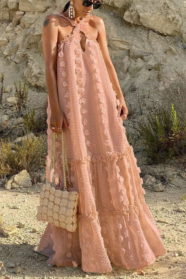 Sweet By The Sea Flower Decor Halter Party Maxi Dress | Consonak