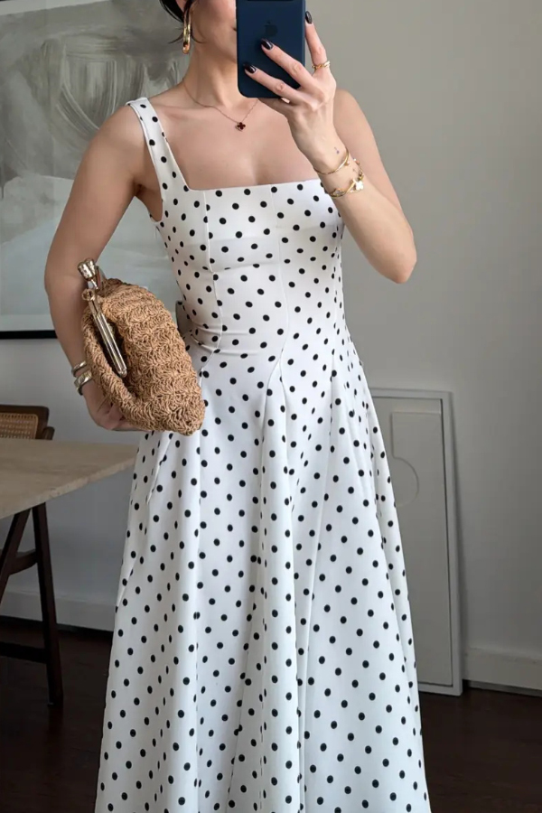 Ultimate Elegance Polka Dot Print Square Neck tie-up waist Flare midi Dress