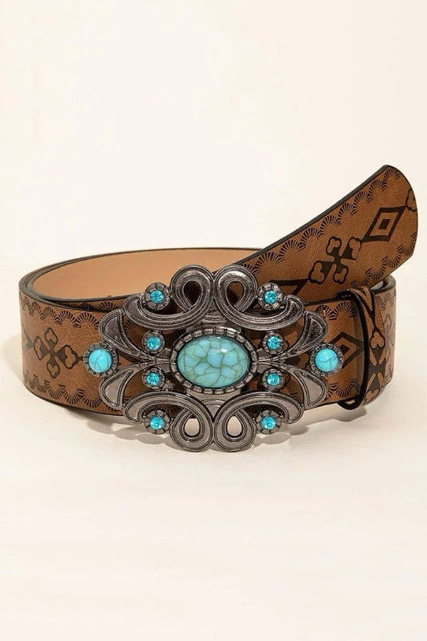 Distressed Embossed Western Vintage Denim Belt-consonak