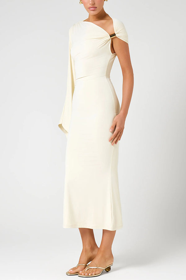 Ariarne Asymmetric Neck Long Draped Sleeve Gold Hardware Detail Midi Stretch Dress