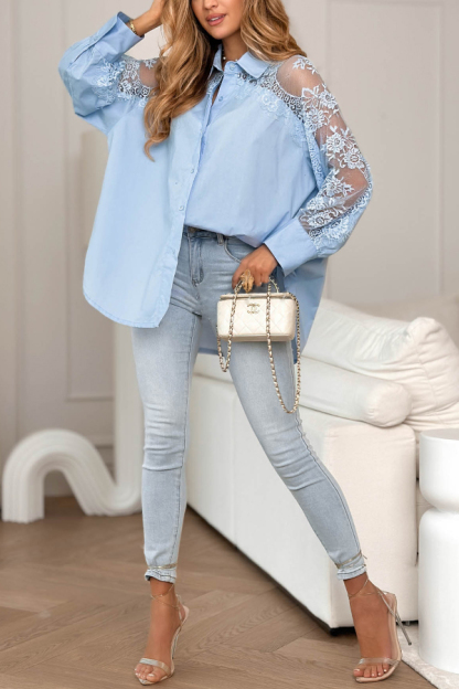 Solid Color Loose-fitting Patchwork Lace Long-sleeved Casual Shirt-consonak