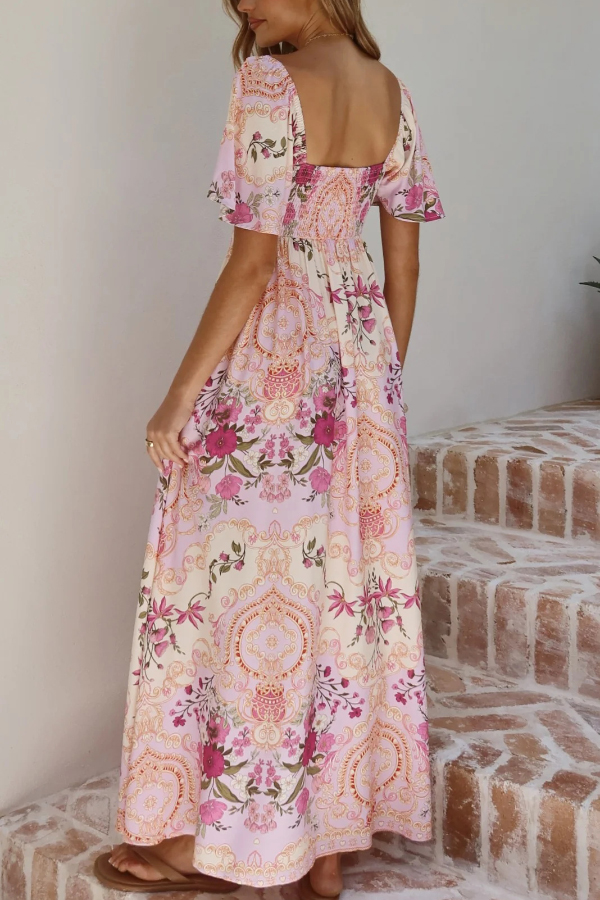 Plant Print Short-sleeved Square Neck Casual Pocket Holiday Midi Dress-consonak