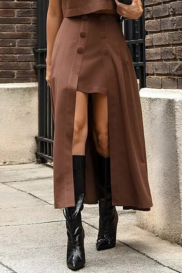 Solid Color Crew Neck Crop Top and High Waist Irregular Maxi Skirt Set-consonak