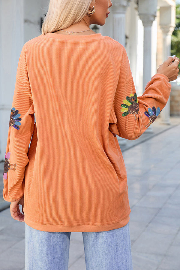Colorful Turkey Sequin Print Loose Long-sleeved Sweatshirt-consonak