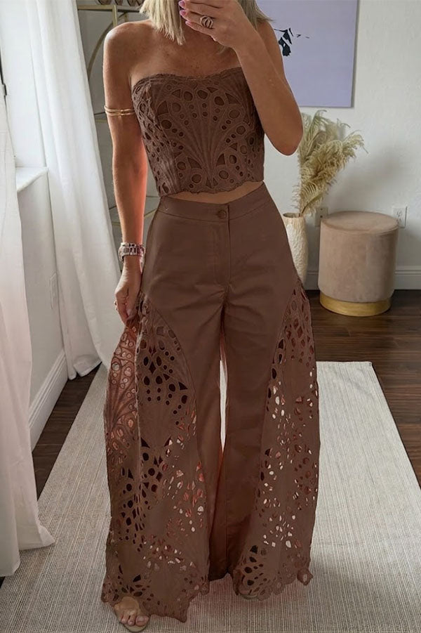 Sienna Embroidered Cut-Out Palazzo Pants Two-Piece Set-Consonak