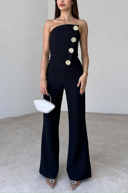 Solid Color Sexy Tube Top Gold Button Embellished Bootcut Jumpsuit-consonak