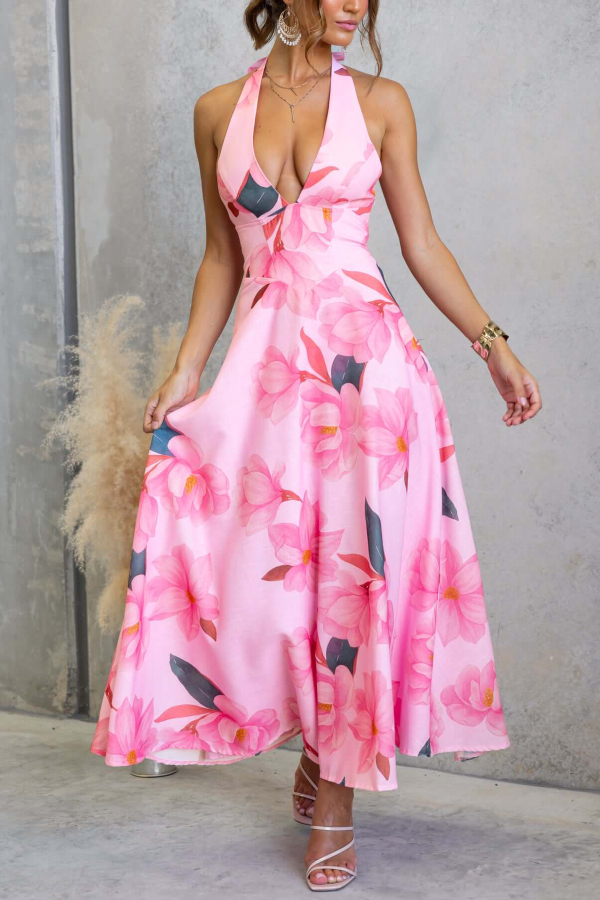 Floral Print V-neck Backless Tie-up Fitted Waist Elegant Maxi Dress-consonak