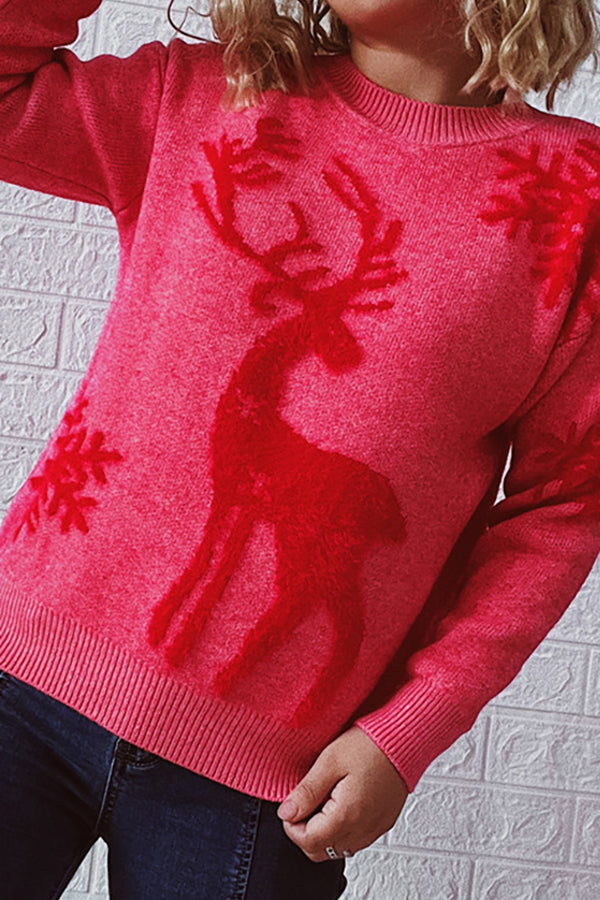 Christmas Pattern Knitted Crew Neck Long Sleeved Sweater-consonak