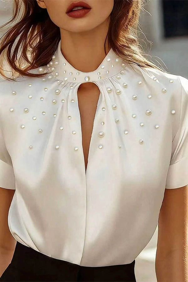 Eleganza LuxuryPearl-Beaded Satin Blouse-Consonak