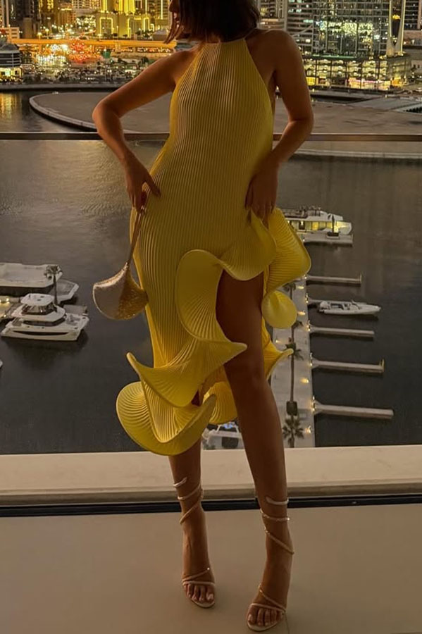 Butter Summer Pleated  Sleeveless Waist Tie Irregular Ruffle Dimensional Hem Midi Dress-consonak