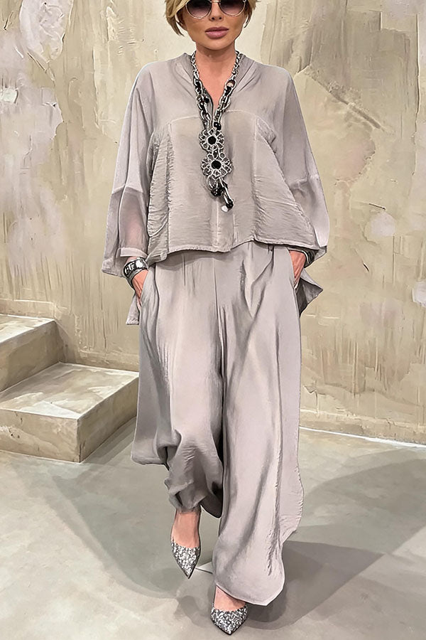 Melissa V-neck Sheer Batwing Sleeve Loose Blouse and Elastic Waist Pocketed Bell Hem Pants Set-Consonak