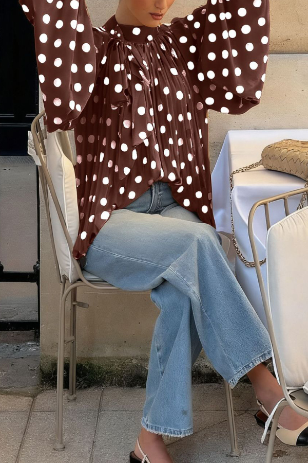 Polka Dot Print Tie-waist Lantern Sleeve Elegant Loose Shirt-consonak
